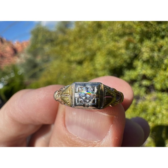 Antique 18k Solid‎ Multi Colored Gold Filigree Engraved Natural Diamond Ring